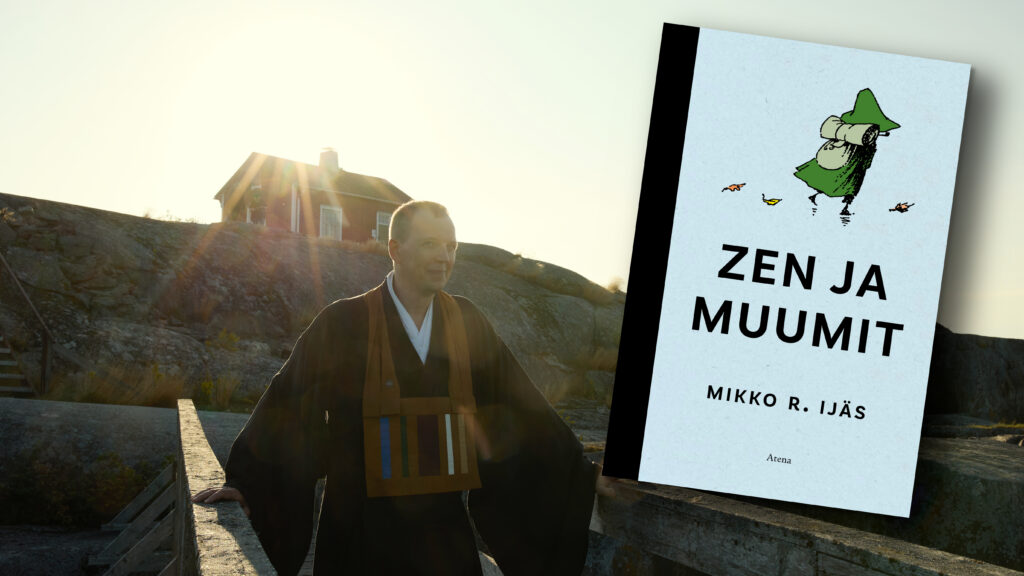 Zenopettaja Mikko Ijäs suomenlahden saaristossa ja ilmassa leijuu hänen kirjoittamansa kirja Zen ja muumit
